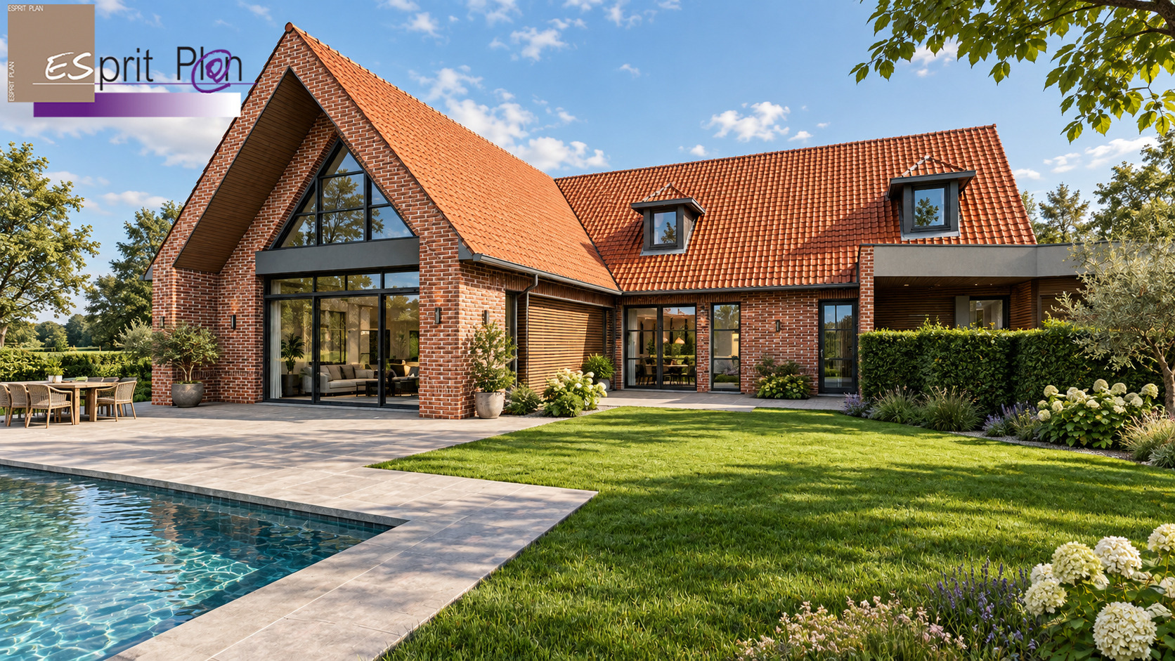 La brique côté jardin — Maison & piscine, perspective ESPRIT PLAN